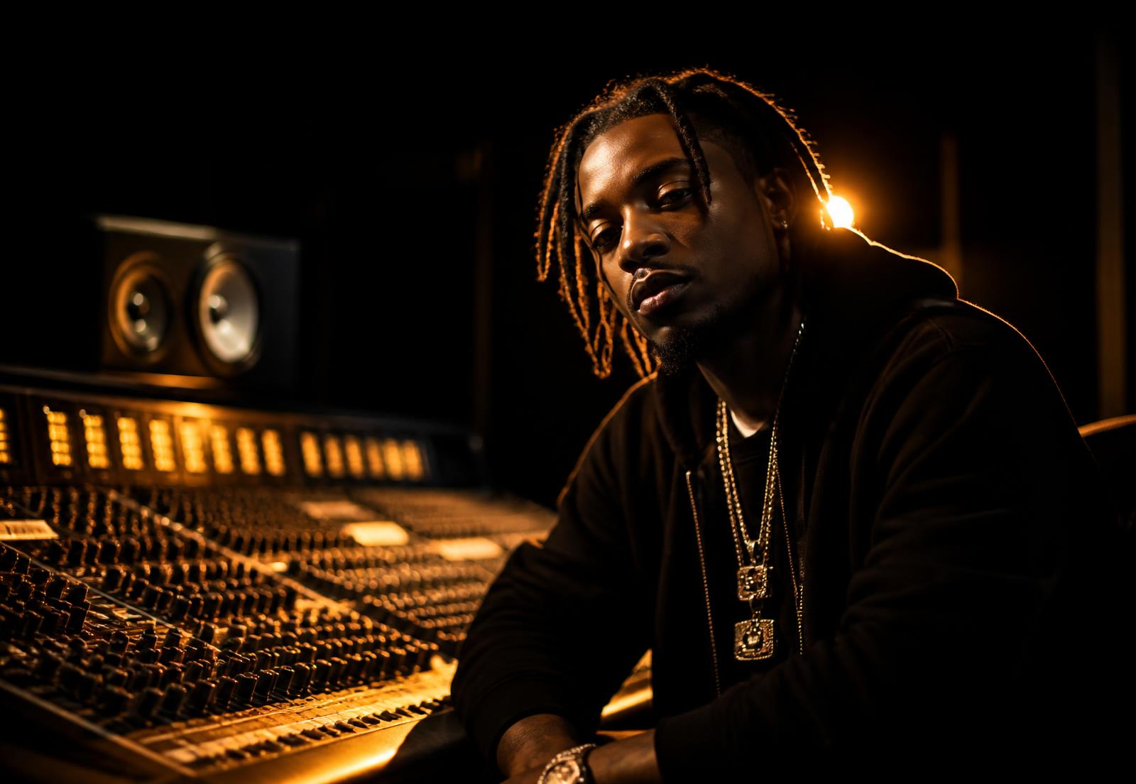 Independent artist working at a mixing desk in a dark studio